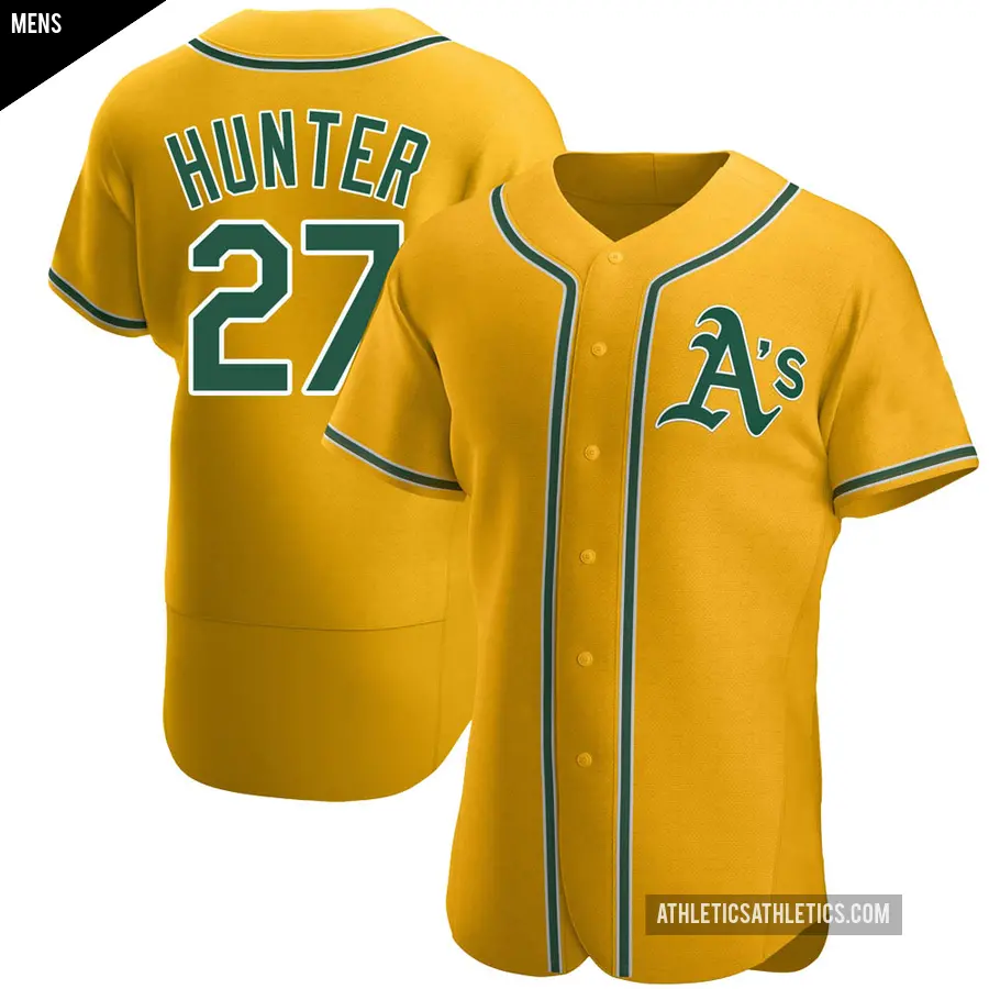 Men's Oakland Athletics ＃27 Catfish Hunter Authentic Gold Alternate Jersey