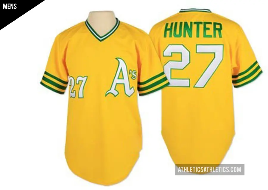Men's Oakland Athletics ＃27 Catfish Hunter Authentic Gold Throwback Jersey