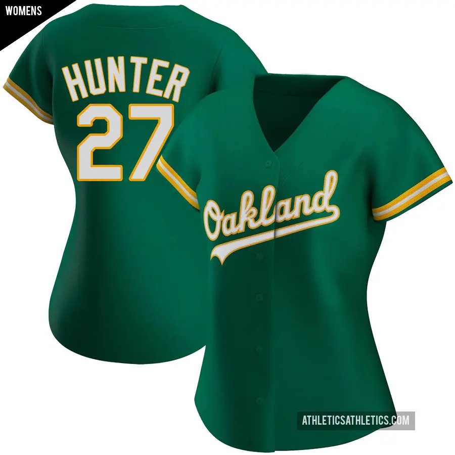 Women's Oakland Athletics ＃27 Catfish Hunter Authentic Green Kelly Alternate Jersey