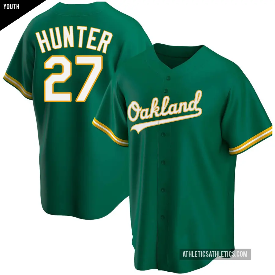 Youth Oakland Athletics ＃27 Catfish Hunter Replica Green Kelly Alternate Jersey