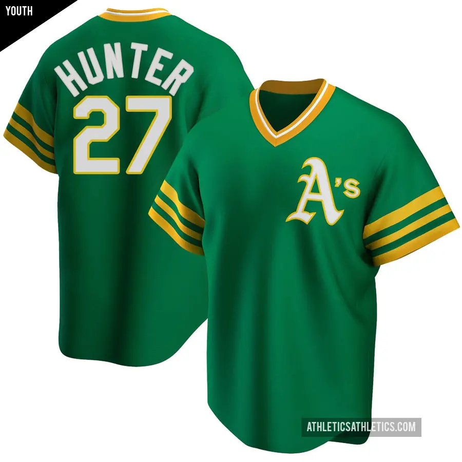 Youth Oakland Athletics ＃27 Catfish Hunter Replica Green R Kelly Road Cooperstown Collection Jersey