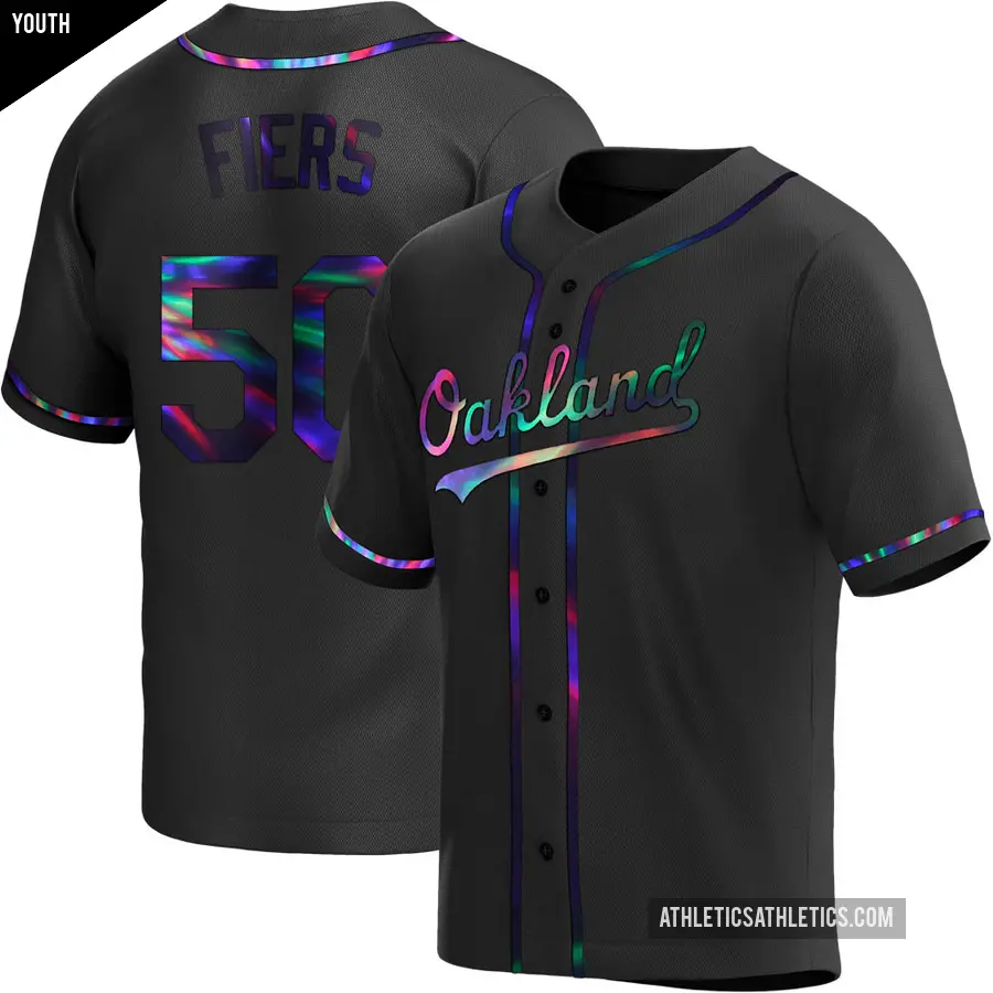 Youth Oakland Athletics ＃50 Mike Fiers Replica Black Holographic Alternate Jersey
